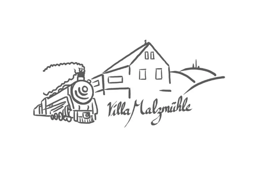 Lokomotive und Haus mit Schriftzug Villa Malzm&uuml;hle