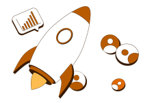Rakete mit Wachstumsgrafik und Symbolen f&uuml;r Erfolg