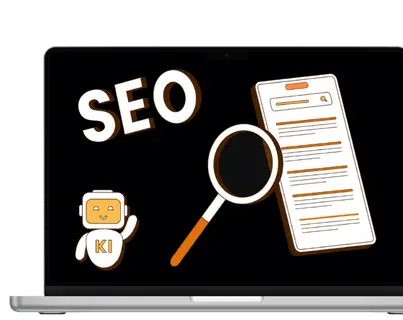 Laptop zeigt SEO und KI Symbole